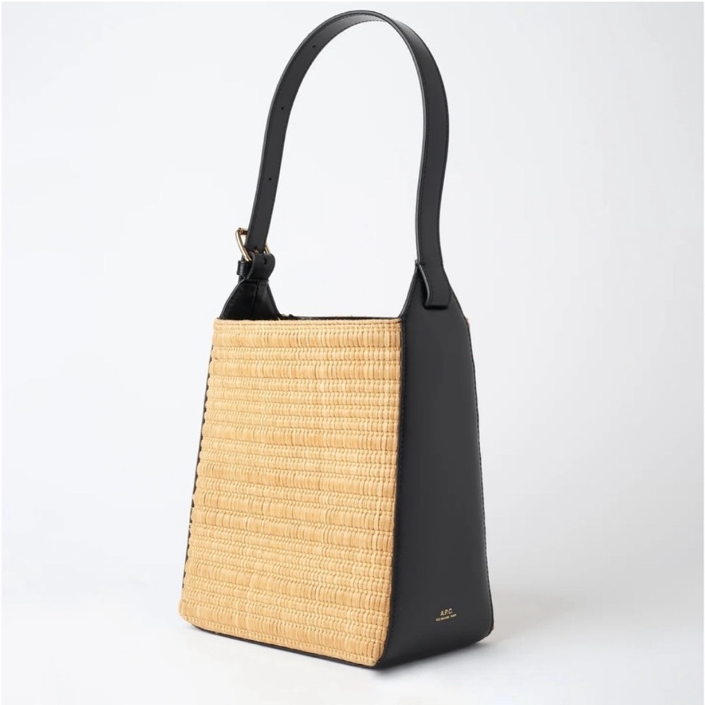 A.P.C. Virginie Shoulder Bag Black Leather & Natural Woven GUC
